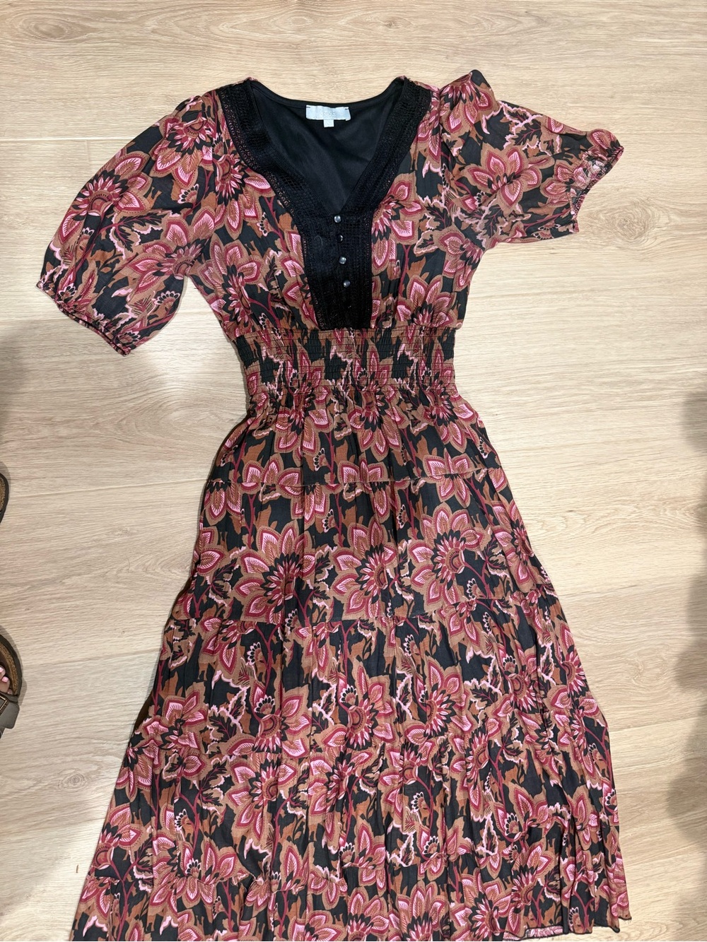Floral Smocked Waist Midi Dress in Black and Pink